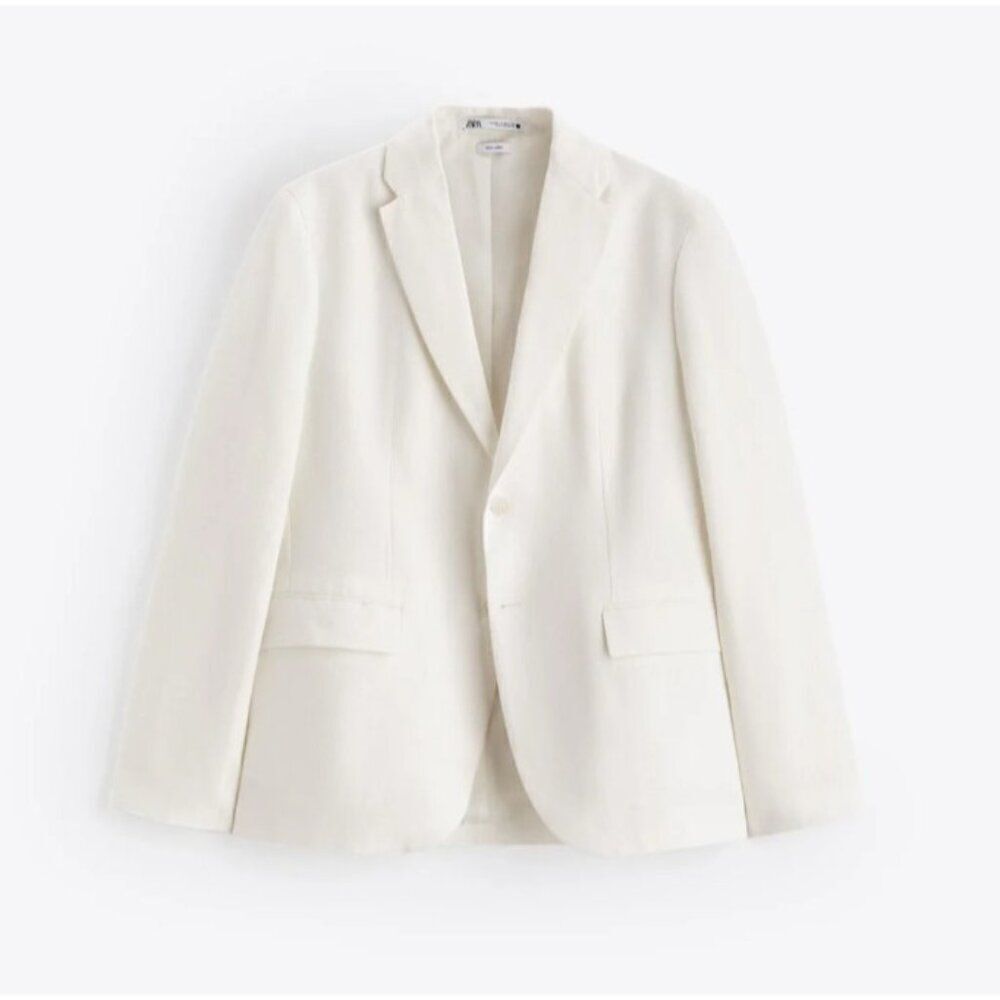 Zara Womens Linen Suit Jacket XL Oyster White Single Breasted 4470/408 NWT